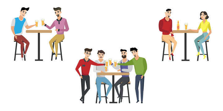 People are drinking beer, having fun. Friends spend their free time together in a bar. Vector cartoon illustration.