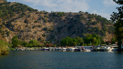 KOYCEGIZ, DALYAN, MUGLA, TURKEY - 14 AUGUST, 2019: Dalyan River between Koycegiz Lake and Mediterranean Sea