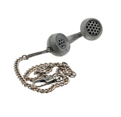 iron telephone receiver in the form of a keychain on a white background