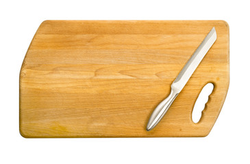 Cutting board and a kitchen knife on old wooden background.