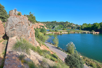 Landscape view of the Laguna Redondilla lake to Laguna La Lengua lake waterfalls in the Lagunas de Ruidera Lakes Natural Park, Albacete province, Castilla la Mancha, Spain	
