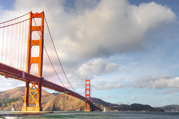 Golden Gate Bridge over San Francisco Bay at sunset.