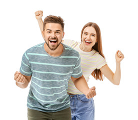 Portrait of happy young couple on white background