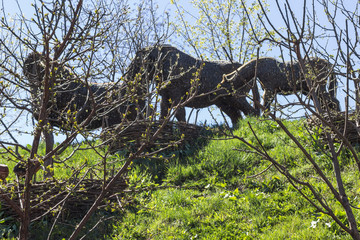 A herd of horses on a hill, a sculpture of branches