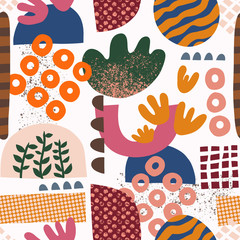 Seamless pattern Abstract shapes collage pink orange green blue red. Modern geometric background design for fabric, textile, wallpaper, postcard design. Scandi style, Bauhaus, home decor