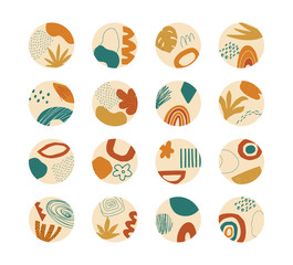 Set of vector hand drawn abstract collage templates for social media highlights. Contemporary art objects, doodle elements.