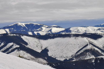 Winter landscape of Low Tatras mountains situated in the heart of Slovakia. Forests destroyed by human activity. Carpathian mountains. Kráľova hoľa peak.  © Marek Rybár