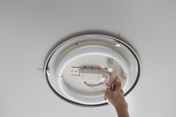 Hand holding connector of fluorescent ballast set to installing with fluorescent ceiling lamp in...
