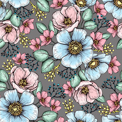 Floral seamless pattern on a white background. Design for fabric, wrapping paper, wallpaper. Handmade graphics with ink and pen.