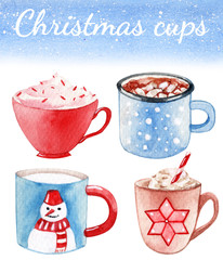 set of watercolor cups. Christmas. snow. snowman. snowflakes. tea. coffee. cappuccino. milk. marshmallows