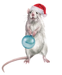 Symbol of 2020 rat wearing a Santa hat with a Christmas ball in its paws. Watercolor hand drawn illustration.