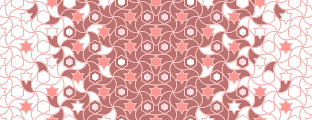 Coral color 2019.Islamic geometric and lace texture. Arabesque coral vector seamless pattern.
