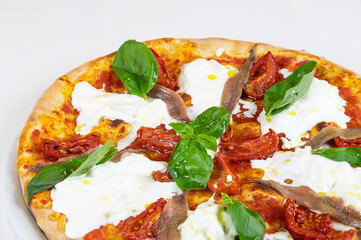 Concept promotional flyer  for Restaurants or pizzerias, template with delicious taste margarita pizza, mozzarella cheese, cherry tomatoes and copy space for your text. - Pizza food menu -  Immagine