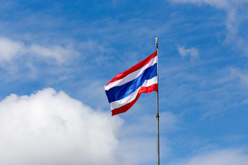 Image of waving Thai flag of Thailand with blue sky background.