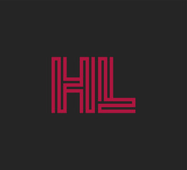 Initial two letter red line shape logo on black vector HL