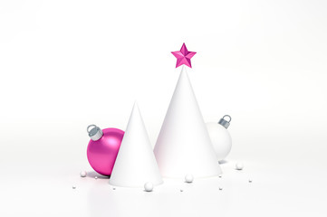 White cone geometric with shape star and pink and white christmas ball abstract minimal on white background 3d rendering. 3d illustration minimal style christmas and new year concept.