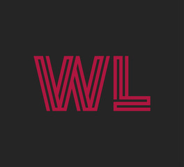 Initial two letter red line shape logo on black vector WL