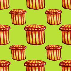 Seamless New Year pattern with gift box. Christmas print painted in watercolor. The pattern is perfect for wrapping paper and fabric. Green background. Yellow box with a red stripes pattern.