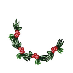 Christmas holly wreath. Botanical frame painted in watercolor. Green leaves with red berries isolated on a white background. Place for text, copy space.