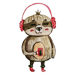 Sloth with a cup in his hands, drawn by hand in watercolor. Cute new year illustration for postcard. Christmas sloth.