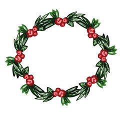 Christmas holly wreath. Botanical frame painted in watercolor. Green leaves with red berries isolated on a white background. Place for text, copy space.