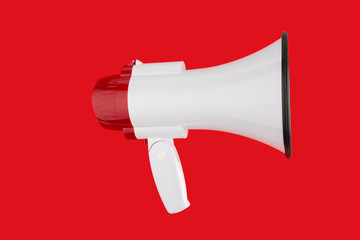 Single red and white megaphone on red background