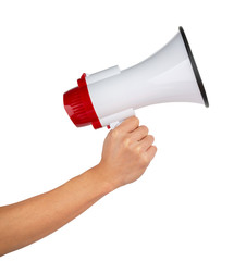 Announcement concept. Shout It Out. Hand holds megaphone on white background.