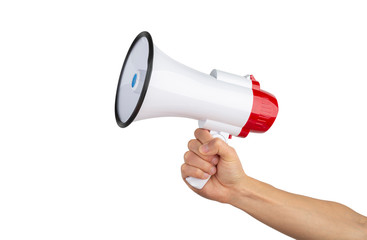 Announcement concept. Shout It Out. Hand holds megaphone on white background.