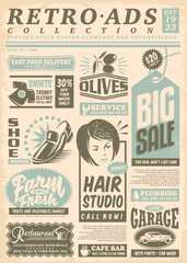 Retro newspaper ads page with promo advertisements. Vintage newsprint  letterhead. Vector illustration of old journal page. © lukeruk