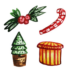 Set of Christmas elements. New Year scenery on an isolated white background. Red-white lollipop, Christmas tree in a pot, gift yellow box, holly berries.