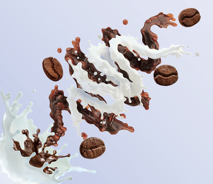 Black Coffee, Espresso, Americano, Liquid Melted Chocolate, Roasted Coffee Beans, Milk Swirl 3D Splash Twisted. Liquid Coffee, Chocolate, Fresh Milk Template. Morning Drink Ingredients In Spiral Form