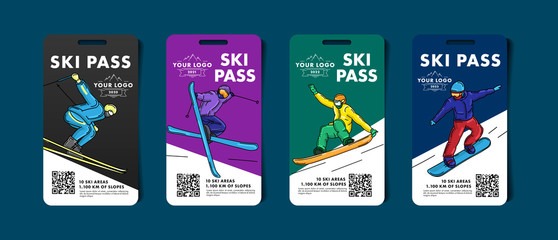 Set of ski pass cards, admission for lift to the mountain slopes with colorful illustrations of skier and snowboarder with qr code - obrazy, fototapety, plakaty