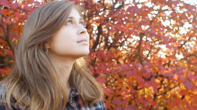 profile of a beautiful young woman looking up gratefully, girl walking through autumn nature in a park