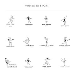 Women in different sports. Active way of life. Set of hand drawn vector logo templates.