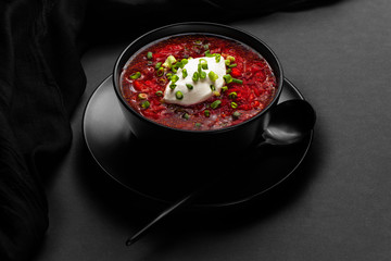 Borscht. Traditional hot dish of Russian and Ukrainian cuisine.