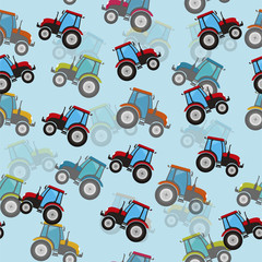 Seamless vector pattern with multi-colored tractors on a blue background