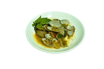 stir fried clams with roasted chili paste on plate 