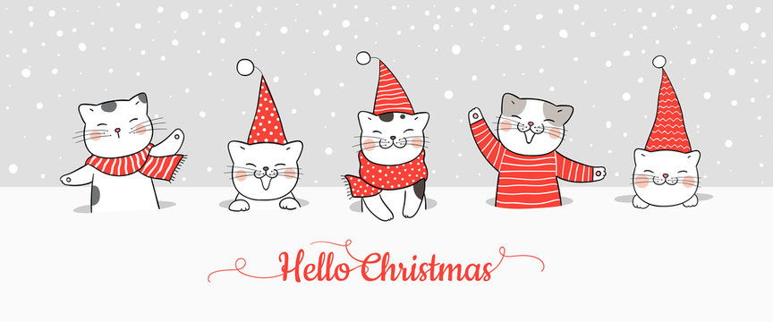 Draw banner cute cat in snow for Christmas and new year.