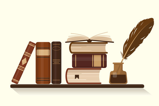 Bookshelf with old or historical brown books and inkwell with goose feather. Vector illustration.