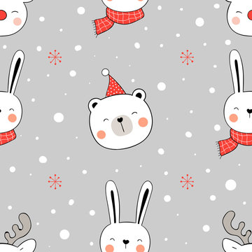Draw seamless pattern head of animal in snow.