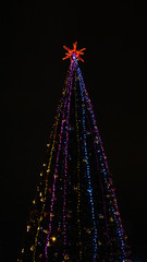 Christmas tree at night against the black sky, vertical photo. The concept of Christmas and new year, a place under the text copy space.