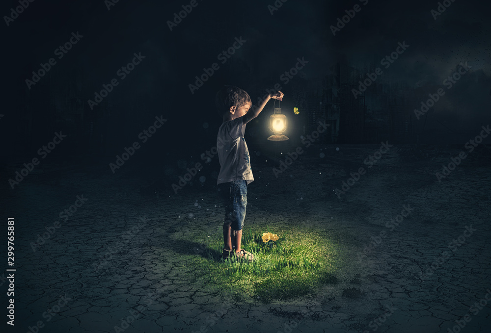 Wall mural lost child holding an old lamp in an apocalyptic environment - Wall murals
