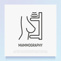 Mammography thin line icon: female breast in scanner. Laboratory research. Modern vector illustration.