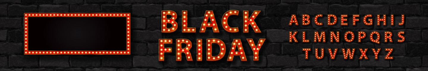 Vector realistic isolated marquee sign of Black Friday logo with broadway frame and light bulb font for template decoration and covering on the wall background. - obrazy, fototapety, plakaty