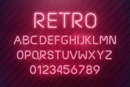 Light neon font letter set. Bar sign vector type. Glowing casino and cinema red text alphabet on wood planks wall. Retro background.