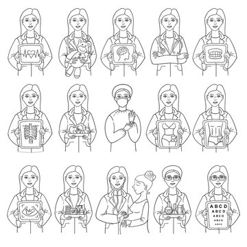Vector set of avatar doctor characters. Isolated icons of woman doctor on white background. Illustrations on the theme of medicine and health