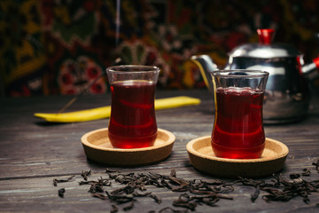 turkish tea on wooden table