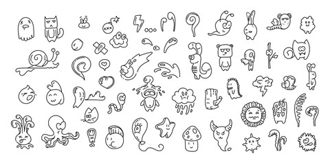 Cute line monsters. Cartoon clip art with group of hand drawn fantasy pets and animals. Vector doodle set of aliens with emotions © Ahapen