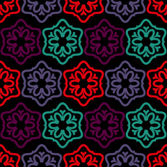 Bright seamless pattern with colorful geometric elements on a black background.