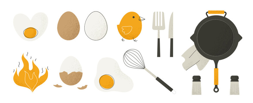 Fried eggs. Cartoon chicken with broken eggs and yolk simple flat elements with grunge texture. Vector home cooking set